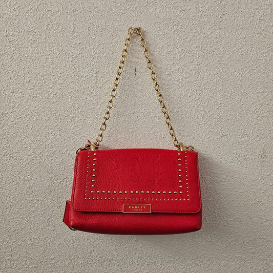 Red leather crossbody with gold hardware