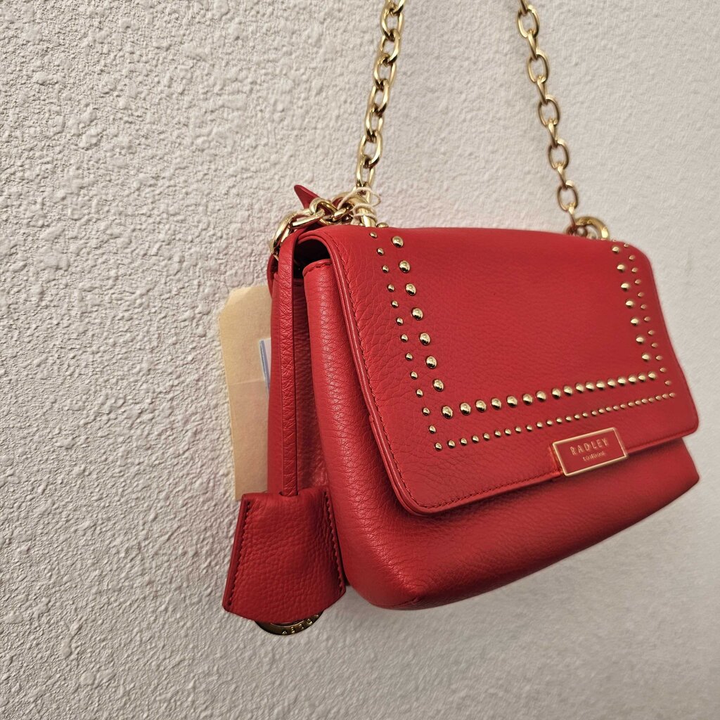 Red leather crossbody with gold hardware
